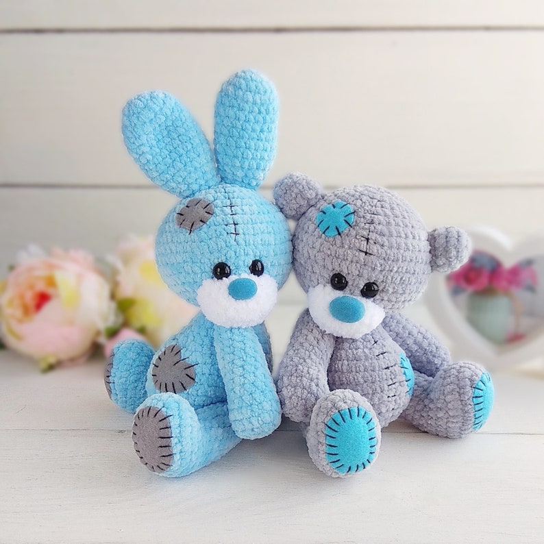 Crochet bear and bunny with blue nose pattern